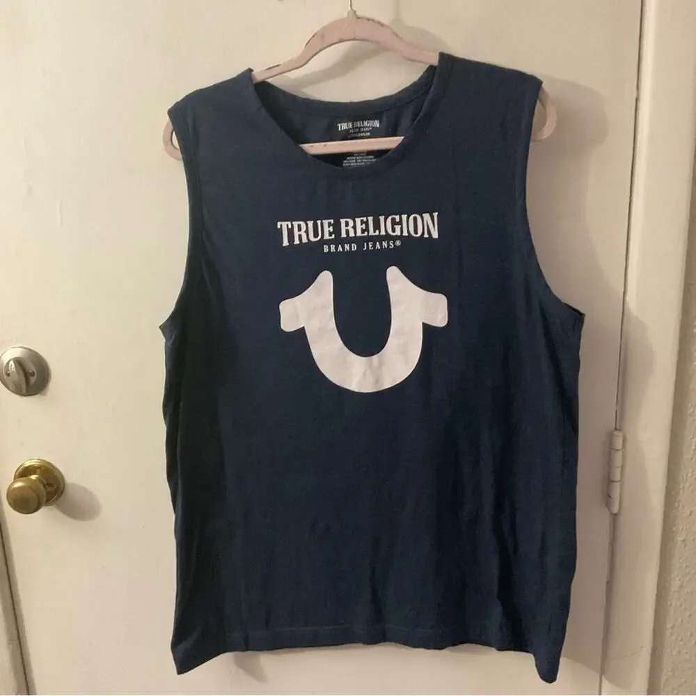 True Religion Blue/White Sleeveless Muscle T-Shirt XL Casual Preppy Classic Tank